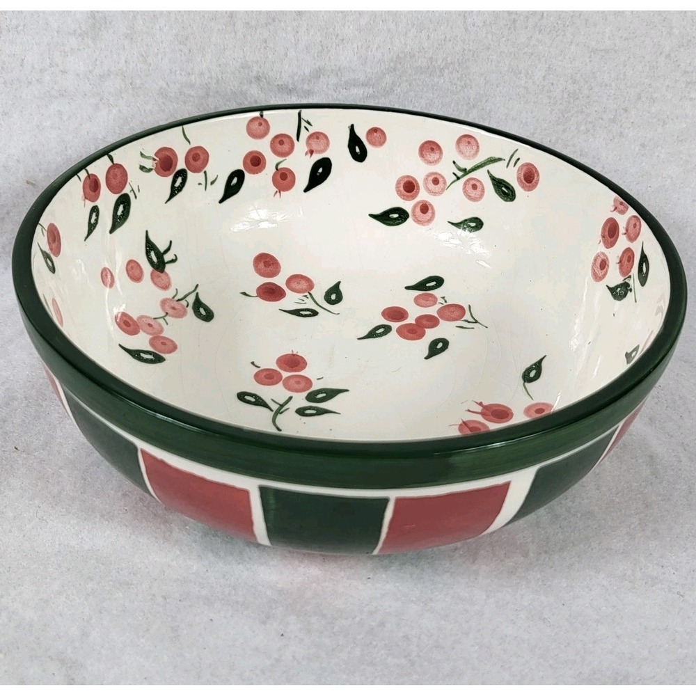 Handmade Pottery Bowl Bath Body Works at Home Cherry Checkered VTG